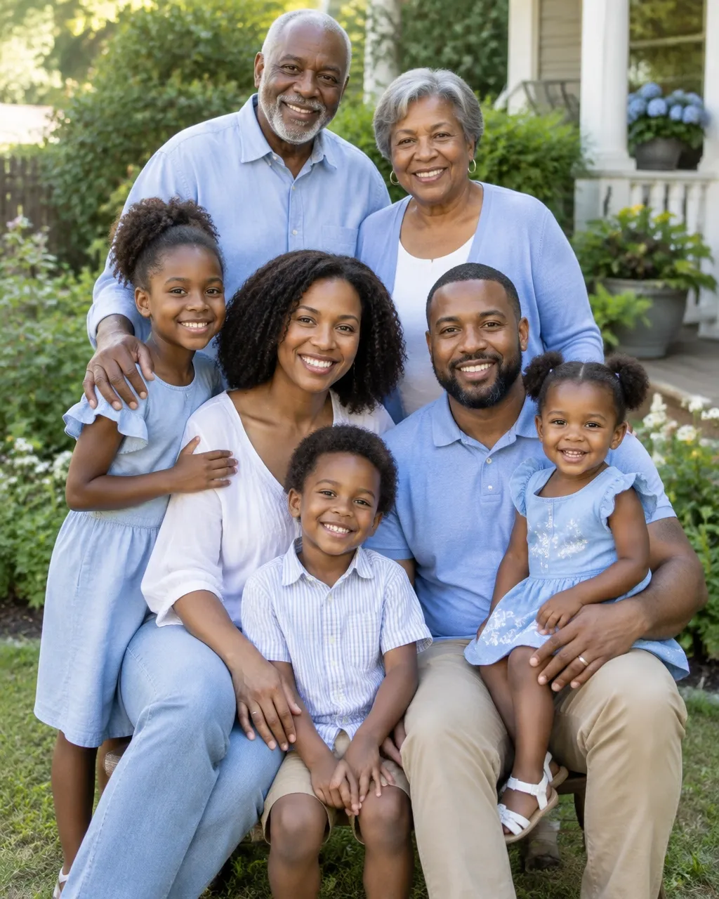 An African American multigenerational family gathered together outdoors