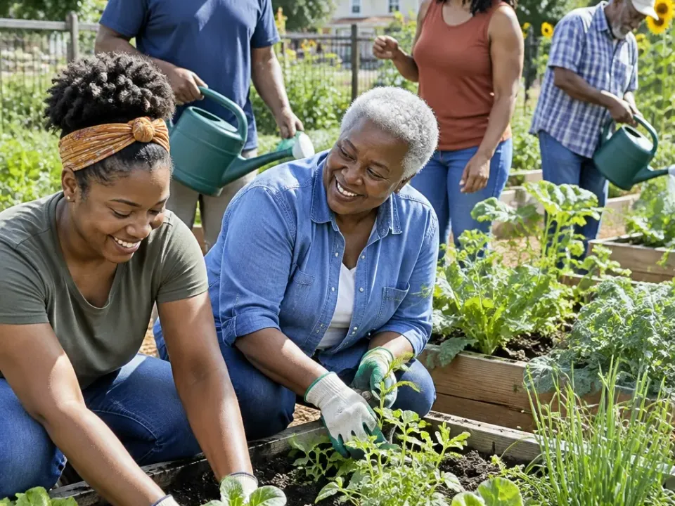 African American neighbors planting vegetables together in a shared community garden
