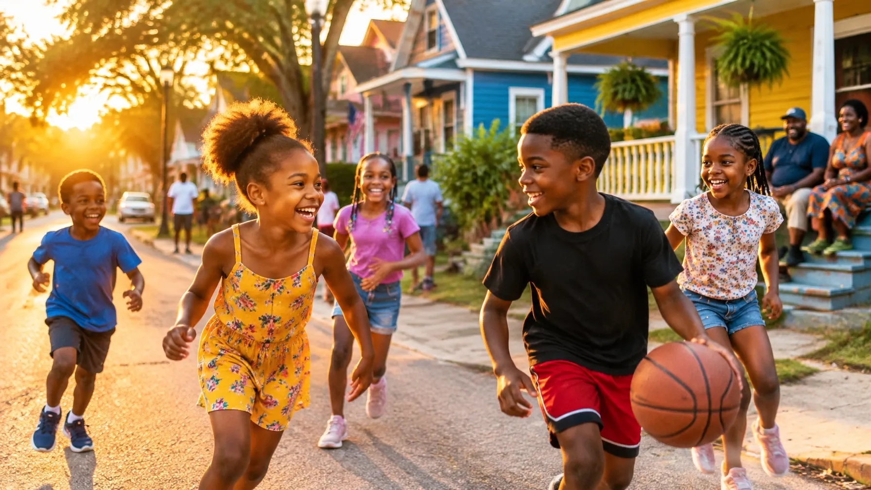 African American neighbors gathered along a residential street in their community