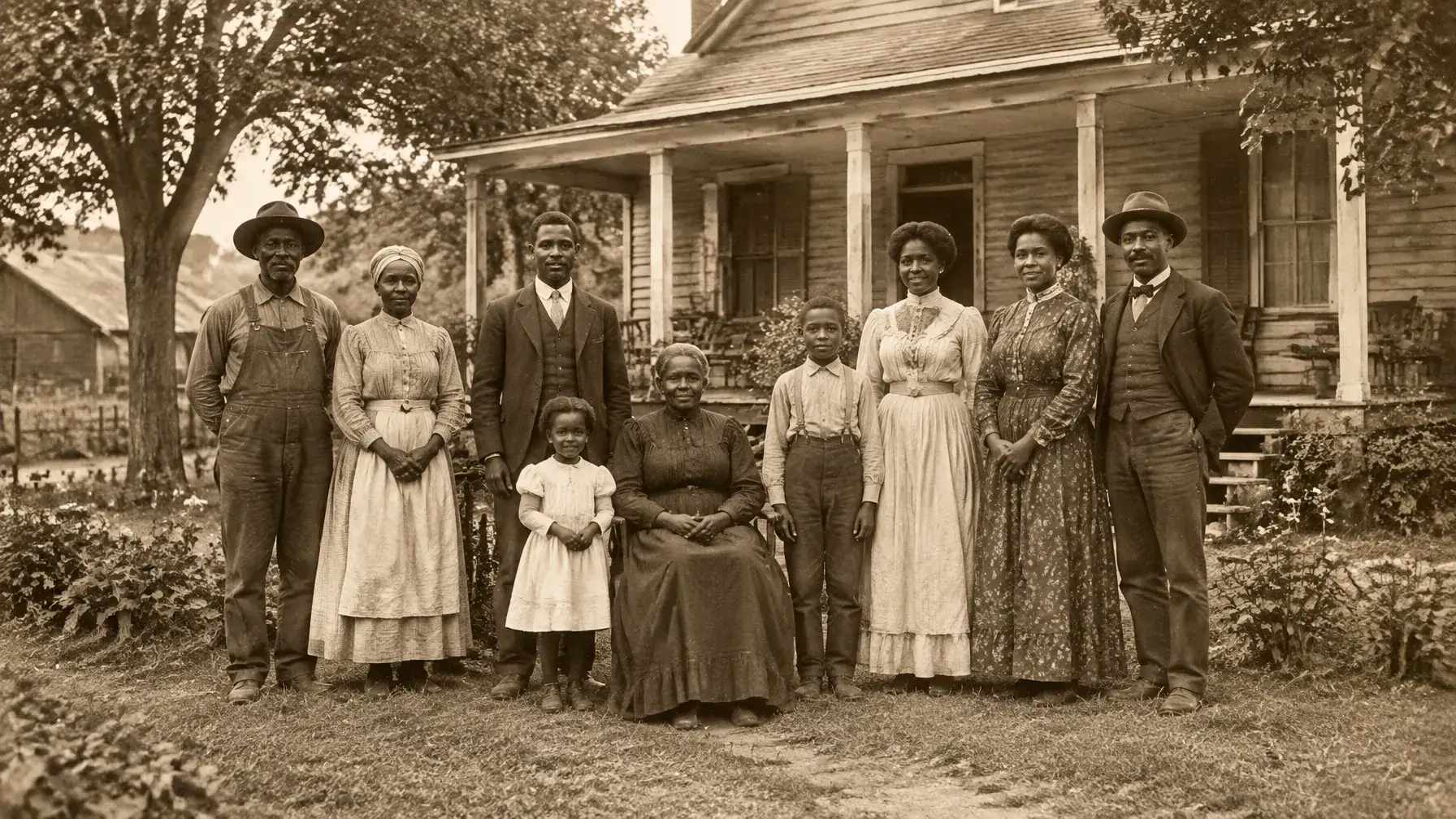 Multigenerational Black family and neighbors standing proudly in front of a wooden home in a sepia archival-style scene